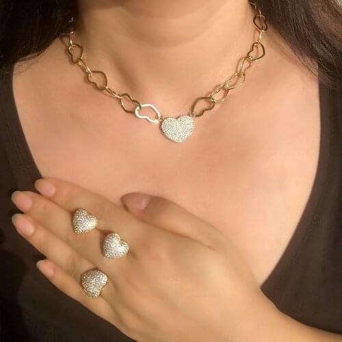 Luxury Dubai Bridal Jewelry Sets Micro Pave Stone zircon heart Necklace Earrings Ring Gold color Charm indian wedding gift sets