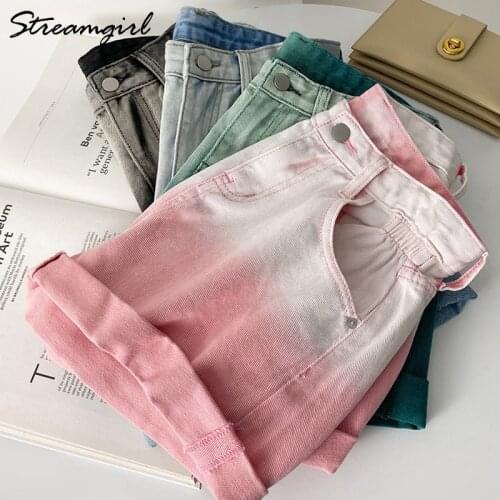 Streamgirl Gradient Denim Shorts 2021 Women Summer Short Pants Women High Waist A Line Pink Jeans Shorts For Women Denim Green