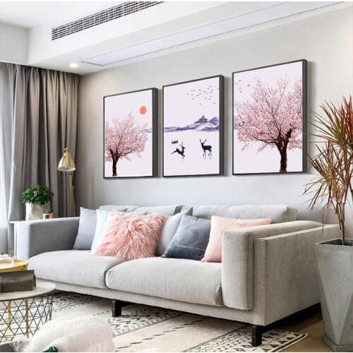 Nordic Style Deer Pink Tree and Sunrise Poster Life Quote Canvas Print Minimalist Wall Art Painting Decorative Picture Home Deco