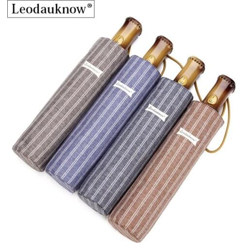 Leodauknow Three Folding Striped Style of Bamboo Handle Fully Automatic High Quality Mens and Womens Sunny and Rainy Umbrella