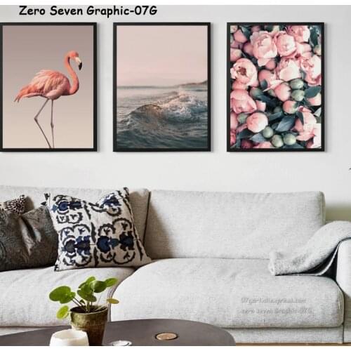 07G Modern Nordic Pink Flamingo The Waves Flowers Canvas Painting Print Picture Poster Wall Art Living Room Bedroom Home Decor