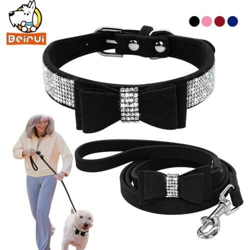Suede Crystal Dog Pet Collar and Leads Set Rhinestone Bowknot Collars Leashes For Small Medium Dogs Puppy Chihuahua Yorkshire