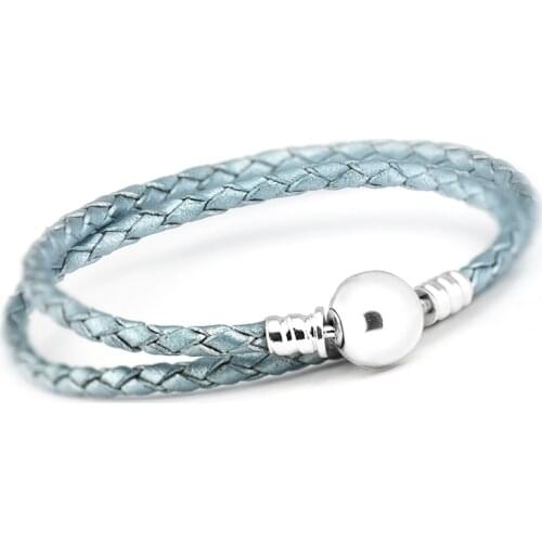 CKK Light Blue Leather Bracelet 100% 925 Sterling Silver Ball Clasp Charms Bracelets for Women DIY Jewelry Gift Pulseras Mujer