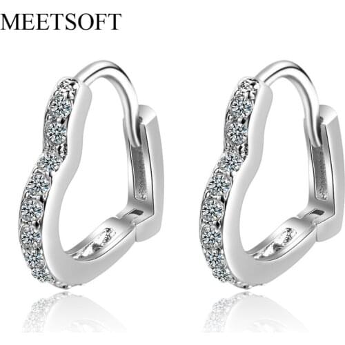MEETSOFT 925 Silver Prevent Allergy Hoop Earrings for Women Trendy Retro Circle Hollow Out Heart Crystal Jewelry Gift