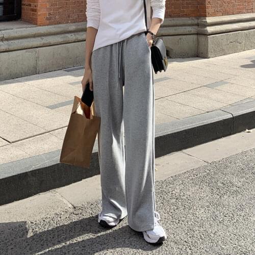 Bella Philosophy Spring Grey Sports Casual Cotton Pant Female Side Zippers Split Elastic High Waist Loose Wide-legged Trousers