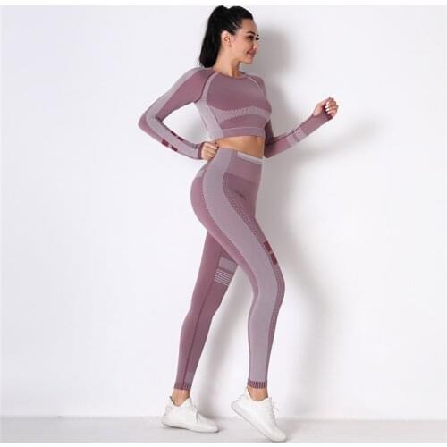 Two Piece Set Women Fitness Yoga Seamless Stripe Sportswear Long Sleeve Crop Top High Waist Leggings Workout Womens Tracksuit