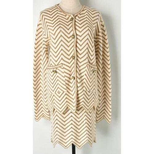 2018 Winter Office Lady Two Piece Set Women Tracksuits Lurex Wave Stripes Twinset Long Sleeve Cardigan Sweater Skirt Suits