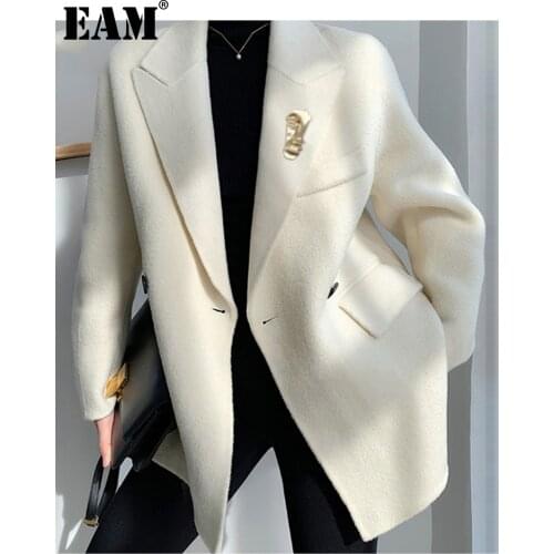 [EAM] Loose Fit White Brief Temperament Woolen Coat Parkas New Long Sleeve Women Fashion Tide Autumn Winter 2021 1DD3859