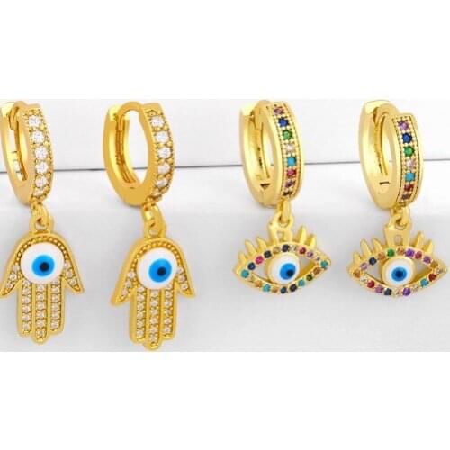 Hand palm evil eye multicolor Brass micro pave cz zircon cubic zirconia drop Hoop Earrings studs copper gold plated crystal hd4