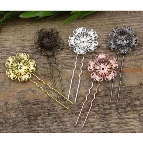 20 PCS 32mm Copper Flower Base 6 Colors Plated Hair Fork,Flower Tray Hair Sticks Settings For Women Jewelry Making