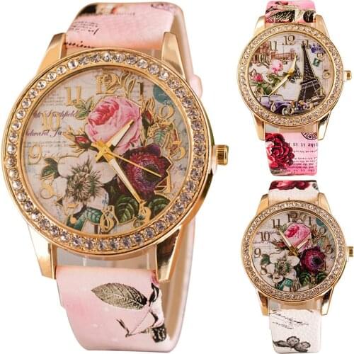 Women Rhinestone Inlaid Flower Round Dial Faux Leather Band Quartz Wrist Watch