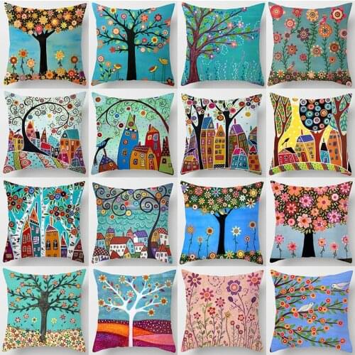 45x45cm Village Pillow Case Modern Home Decorative Trees and Flowers Pillowcase For Living Room soft cushion Pillow Cover