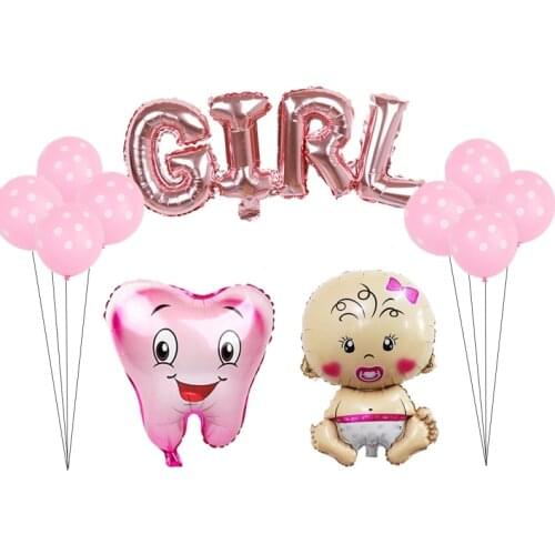 12pcs/set Large pink blue Tooth Foil Balloons baby boy girl tooth theme party air Inflatable Globos Birthday Party decor Balls