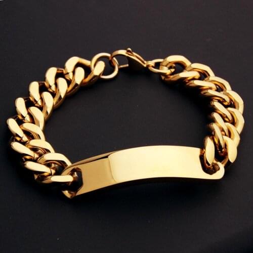 High Polished Gold Color Bracelet Stainless Steel Mens ID Link Bracelet Cuban Curb Chain Cool Mens Jewelry