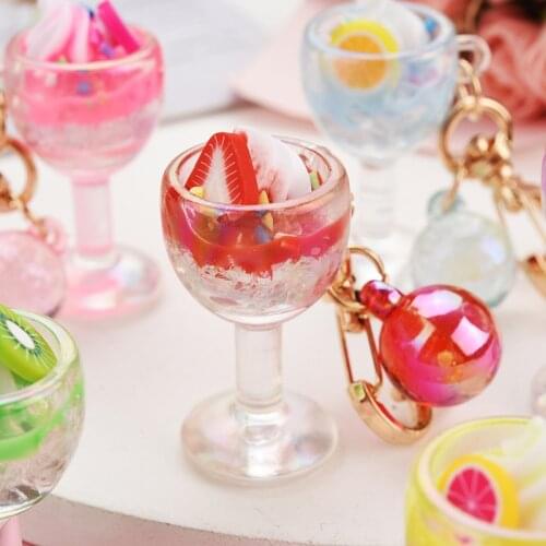 Acrylic Cute Simulation Fruit Keychain Red Wine Glass Ice Cream Keyring Car key Bag Pendant Key Chains Couples Women Trinket