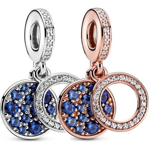 DIY Charm Rose Sparkling Blue Disc With Crystal Pendant 925 Sterling Silver Bead Fit Pandora Bracelet Bangle Necklace Jewelry