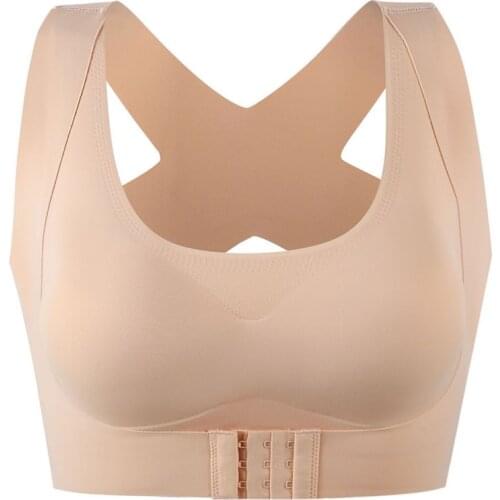 Ladies'Ice Silk Front Buckle Chest Correction Bra Seamless Solid Push Up Adjustable Wirefree One-Piece Breatheble Bra With Pad