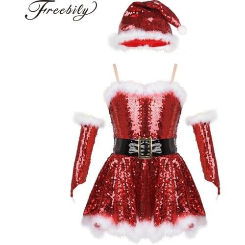 Kids Girls Christmas Santa Lyrical Dance Costumes Sequins Gymnastics Leotard Skating Ballet Dance Dress with Hat Arm Sleeves