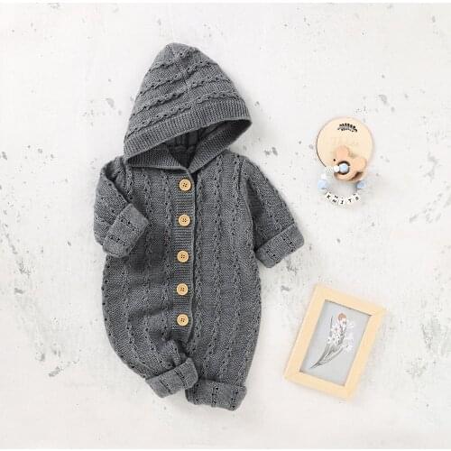 2021 Lovely Toddler Jumpsuit Solid Color Knitted Hooded Long Sleeves Romper with Buttons for Baby Girls Boys 0-18 Months