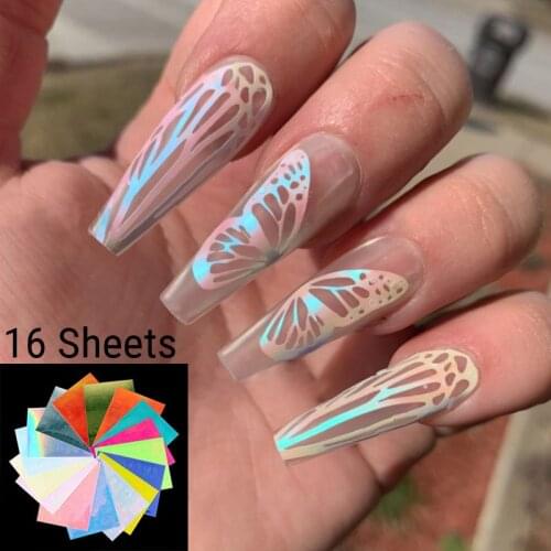 Glitter Laser Butterfly Fire Flame Nail Art Stickers Holographic Fluorescent Nail Transfer Sticker Decals 3D Nail Art Decoration