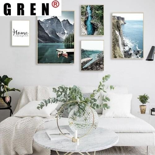 GREN Nordic Mountain Lake Waterfall Nature Landscape Canvas Painting Wall Art Print Poster Picture Modern Living Home Decor