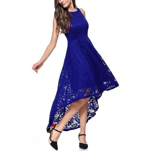 Lace Cocktail Dress O-Neck Elegant Women Blue High Low Mesh Dress Female Pleated Beach Skirt Sexy Sleeveless Party Maxi Dresses