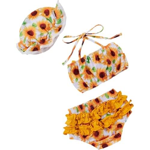 Cute Infant Baby Girl Kids Two-Piece Swimsuits Sunflowers Print Swimwear with Swimming Hats Summer Girls Floral Bathing Suit