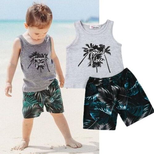 2PCS Summer Toddler Baby Boys Summer Outfit Sleeveless Print Vest Top+Floral Short Clothes Set Kids Cotton Suit