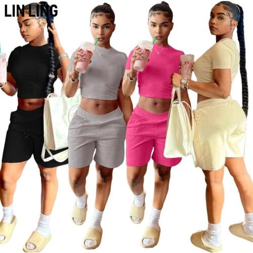 LINLING Women Summer Solid Crop Top Stacked Shorts Jogger Pnats Suit Two Piece Set Sport Matching Set Outfit Fitness Tracksuit