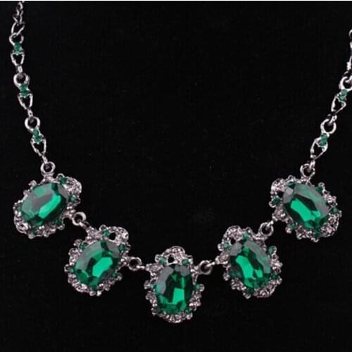 Fashion black alloy exaggerated necklace hollow pendant green/blue glass stone vintage women short necklace one piece xy2966