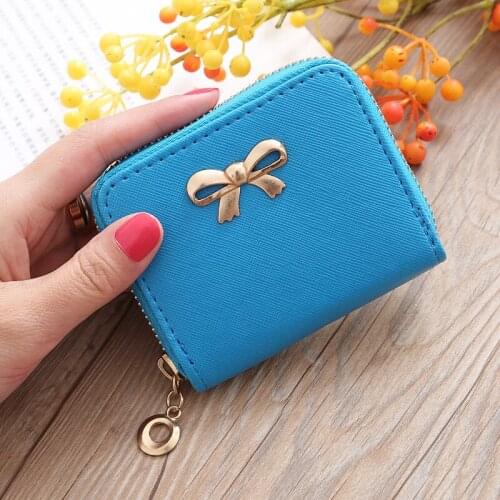 Fashion Bow Women Wallet Pu Leather Short Zipper Fresh Short Mini Clutch Pure Color Korean Version