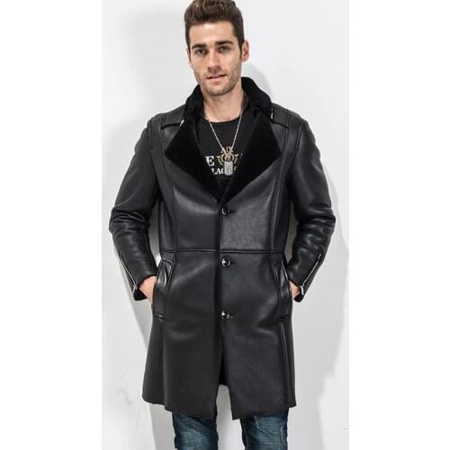 Mens Shearling Coat Black Leather Jacket Winter Warm Overcoat Fur Parkas Sheepskin Long Outerwear J30