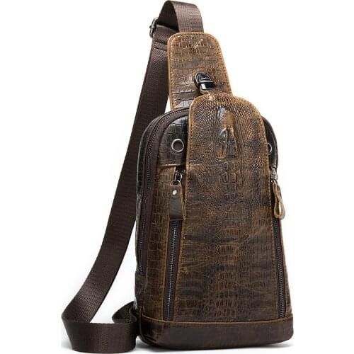 Genuine Leather Mens Sling Chest Bag for Teenager Boy Casual Crossbody Bagpack Vintage Male Travel Shoulder Messenger Back Pack