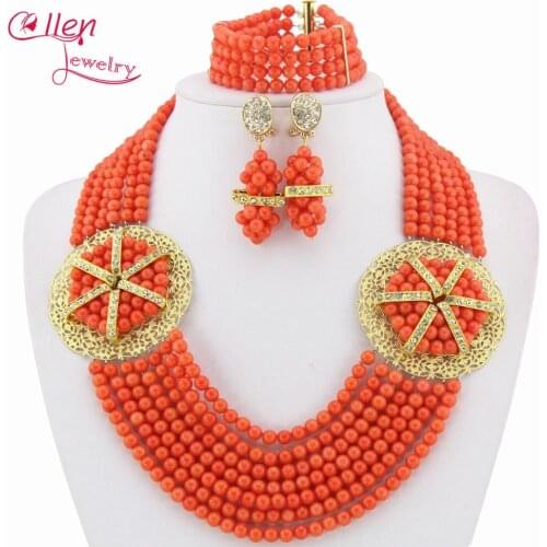 Nigerian African Wedding Coral Beads Jewelry Set Orange Coral Jewelry Set Necklace Bracelet Earrings TL1208