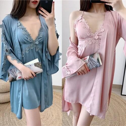 Summer New Sexy Womens Nightdress Sleeping Dress with Bra 2Pcs Suit Nightgown Long Sleeve Thin Silk Satin Embroidered Nightwear
