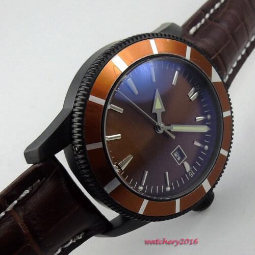 New Arrival 46mm Bliger Brown Sterile dial pvd Luminous Hands Date Luxury Brand Leather strap Automatic mechanical Mens Watch