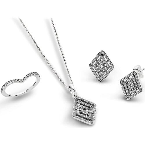 NEW 100% 925 Sterling Silver SHIMMERING WISH RING GEOMETRIC LINES EARRING STUDS Diamond Zirconium Cutout Necklace Set CS1706