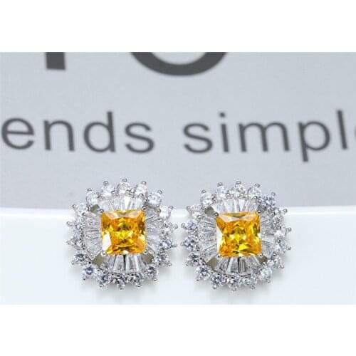 Charm Female Crystal Yellow Stone Earrings Square Rainbow Stud Earrings For Women Luxury Silver Color Wedding Earrings