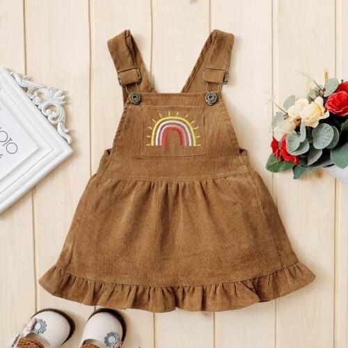0-3Y Toddler Girls Round Collar Dress Summer Baby Sleeveless Rainbow Printing Dress Solid Color Corduroy One-piece