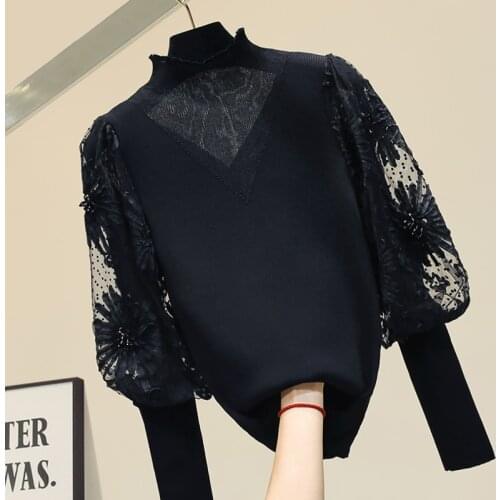 Sweater Women New Lantern Sleeve Slim Fit Turtle-Neck Black Chiffon Panel Sweater Ladies All-match Basic Tops Blusa Jumper Femme