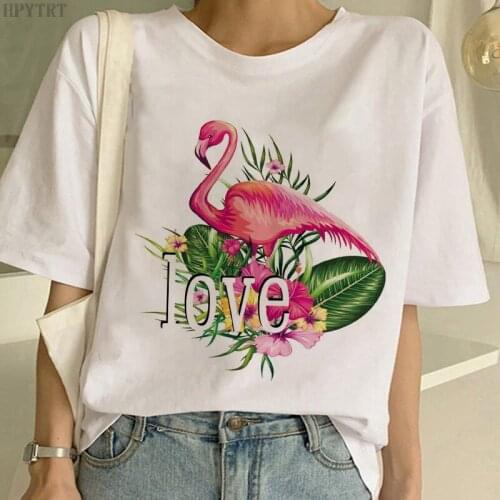 Fashion Flamingo Love Printing T-shirt Harajuku Womens Large size Tops Tshirt Summer Casual Short-sleeved White T shirt Female