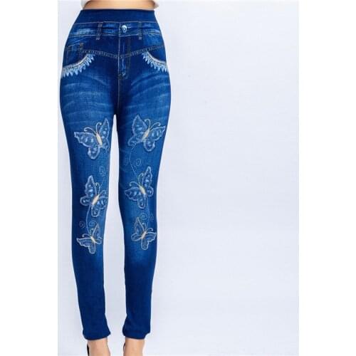 2021 Women High Waist Fake Jeans Leggings Butterfly Print Ankle Length Pants Super Stretch Skinny Imitation Jeans Leggings