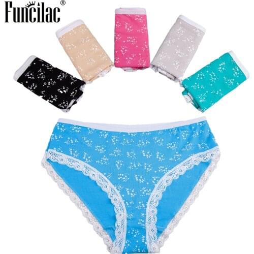FUNCILAC Woman Underwear Plus Size Panties Lace Sexy Underpants Girls Print Cotton Briefs For Women Fashion Female 5Pcs/Lot