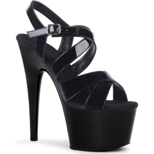 High-heeled womens night club waterproof platform fine heel catwalk shoes 15cm thick black leather sandals with bright soles