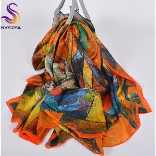 [BYSIFA] Fall Winter WomenS Scarves Foulard Femme Fashion Orange Blue 100% Pure Silk Long Scarf Shawl Ladies Neck Scarves Wraps