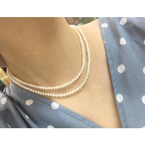 2 strands 5mm white real Pearl choker necklace gold clasp natural Freshwater PEARL Women Jewelry 17'' 43cm 35cm