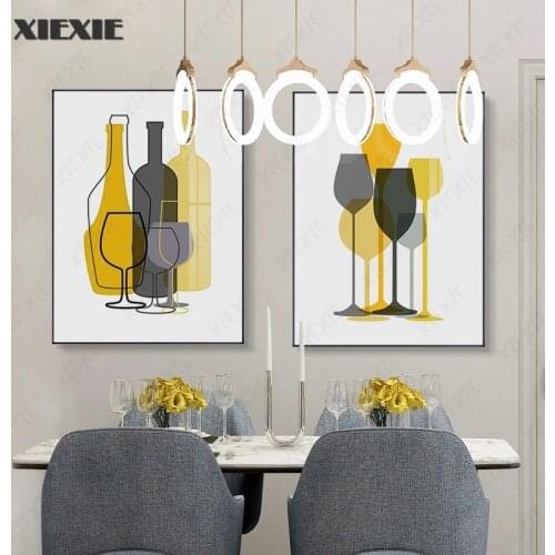 Abstract Yellow Grey Tableware Canvas Painting Rice Bowl Cup Wine Glass Poster Restaurant Kitchen Decoration Wall Art Picture