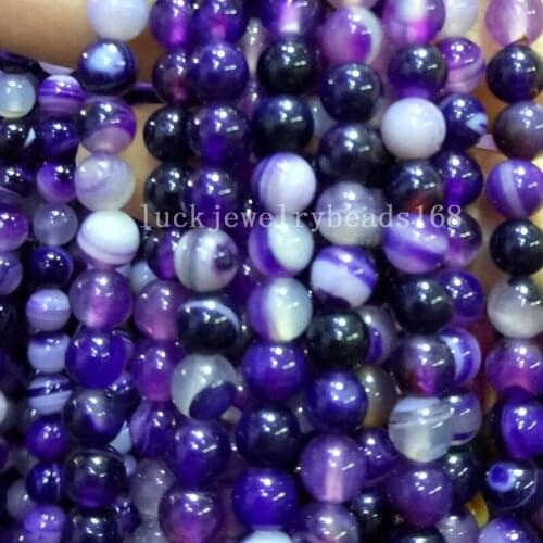 Free shipping Fashion Jewelry 6mm Purple Stripes Chalcedony Round Ball Loose Beads 15.5" FG7337