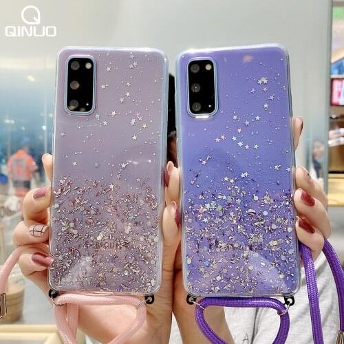 Glitter Sequins Star Lanyard Case For Samsung Galaxy A51 A71 A50 A70 A31 A40 A10 A81 A91 A20 A30 A7 A8 A9 2018 Soft Strap Cover