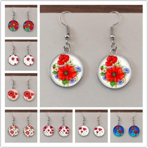Handmade red flower photo earrings round glass cabochon beads DIY jewelry earrings girls birthday gift decoration earrings